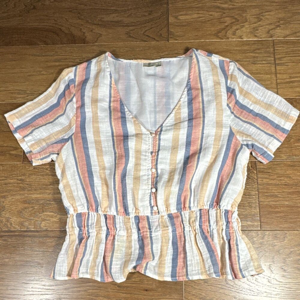 Versona A Women's L Striped V-Neck Short Sleeve Linen Button Front Blouse